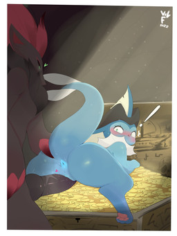 animal_genitalia animal_penis anthro anthro_on_feral anus bestiality big_butt big_penis black_body black_fur black_penis black_sclera blue_body blush bodily_fluids bone butt butt_grab canine_genitalia canine_penis claws clothing coin curling_toes duo emanata erection exclamation_point feet female feral fin fur genital_fluids genitals gold_(metal) gold_coin green_eyes hair hand_on_butt hat head_fin headgear headwear heart_symbol knot looking_back lying male male/female on_front pawpads penis pirate_hat pussyjob raised_tail red_hair sex skull surprised sweat sweatdrop tail treasure tricorne vaginal_fluids vulva vilf nintendo pokemon marisa_the_vaporeon sam_(zoroark) canid eeveelution generation_1_pokemon generation_5_pokemon mammal pokemon_(species) vaporeon zoroark 2022 3:4 digital_media_(artwork) hi_res