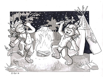 accessory anthro bottomwear campfire clothed clothing dancing duo eyes_closed feather_in_hair grass hair hair_accessory holding_object jewelry loincloth loose_feather male necklace night open_mouth open_smile plant quiver_(object) rock smile star tent topless tree whiskers young young_anthro young_male pandapaco canid canine mammal mustelid otter monochrome