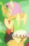 2014 5:8 anthro blush bodily_fluids bottomwear canon_x_oc chromapan clothed clothing digital_media_(artwork) duo earth_pony equid equine eyes_closed fan_character feathered_wings feathers female female/female fluttershy_(mlp) friendship_is_magic fur genital_fluids green_hair hair hasbro hi_res horse kissing long_hair mammal my_little_pony mythological_creature mythological_equine mythology panties pegasus pink_hair pony saliva shirt shorts skirt topwear underwear vaginal_fluids wings yellow_body yellow_feathers yellow_fur