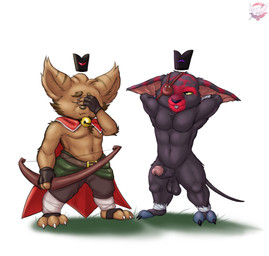 2_toes 3_toes 4_fingers anthro ball_tuft balls bell bell_collar black_crown blue_clothing bow_(weapon) brown_body brown_fur cape chest_tuft clothed clothing collar crown duo erection eye_patch eyewear facepalm feet fingerless_gloves fingers floating_crown fur genitals gloves hands_behind_head handwear headgear humanoid_genitalia humanoid_penis looking_at_another looking_at_viewer male melee_weapon penis ranged_weapon red_cape red_clothing sword toes topless tuft vein veiny_penis weapon yellow_sclera fennephilim_fox biomutant cult_of_the_lamb league_of_legends massive_monster_(studio) riot_games tencent mammal primal_(biomutant) yordle hi_res