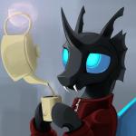 :3 anthro black_body blue_eyes clothed clothing container cup fangs holding_container holding_cup holding_object horn insect_wings levitation magic male simple_background smile solo teapot teeth wings dimfann friendship_is_magic hasbro my_little_pony drone_(mlp) arthropod changeling 1:1 2014 digital_media_(artwork) hi_res