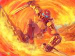 ambiguous_gender armor blue_eyes lava looking_at_viewer machine mask melee_weapon not_furry solo surfer surfing sword weapon mrbfox bionicle lego tahu robot toa 4:3 distracting_watermark watermark