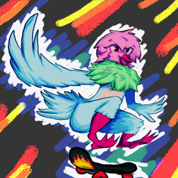 anthro beak blue_body blue_fur blue_tail fur green_body green_fur grey_body grey_fur hair male male/male pink_body pink_fur pink_hair purple_beak purple_paws skateboard skateboard_trick skateboarding solo tail vehicle felimino palomino_(felimino) avian bird columbid pigeon 1:1 absurd_res hi_res