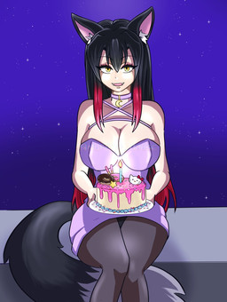 big_breasts birthday black_hair bottomwear breasts cake cleavage clothed clothing collar corset dessert dominant dominant_female fangs female food hair huge_breasts leggings legwear light lingerie looking_at_viewer night open_mouth outside red_hair_tips simple_background smile solo stockings tail teeth thick_thighs topwear white_body wide_hips wolf_tail yellow_eyes muffinshouse hello_kitty_(series) sanrio hello_kitty_(character) yuki_(muffinshouse) animal_humanoid canid canid_humanoid canine canine_humanoid humanoid mammal mammal_humanoid wolf_humanoid colored digital_drawing_(artwork) digital_media_(artwork) hi_res lighting shaded