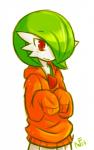 ambiguous_gender blush clothing green_hair hair hoodie not_furry red_eyes short_hair simple_background smile solo standing topwear white_body white_skin rakkuguy nintendo pokemon airalin gardevoir generation_3_pokemon pokemon_(species)