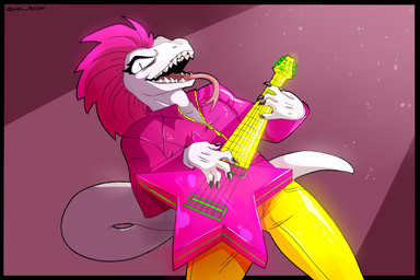 anthro black_claws bottomwear claws clothing electric_guitar eyelashes female flat_chested grin guitar hair jacket musical_instrument open_mouth pants pink_clothing pink_hair pink_jacket pink_topwear playing_guitar playing_music plucked_string_instrument pupils rocking_out sharp_teeth slit_pupils smile solo spotlight standing string_instrument teeth tongue tongue_out topwear white_body yellow_bottomwear yellow_clothing yellow_pants zipper anonymous_artist rhizza_(la_ninya) reptile scalie 3:2 hi_res