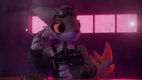 4_fingers alcohol ambiguous_anthro ambiguous_gender anthro arm_wraps ashtray bar beer beer_bottle beverage beverage_bottle big_eyes black_claws black_nose bottle bulletproof_vest cigarette claws closed_frown clothed clothed_ambiguous clothed_anthro clothing container countershade_face countershade_torso countershading dipstick_tail eye_markings eyewear eyewear_on_head finger_claws fingers fluffy fluffy_tail frown fur furniture goggles goggles_on_head grey_body grey_countershading grey_fur holding_bottle holding_cigarette holding_container holding_object inside lighter lit_cigarette logo markings mood_lighting mouth_closed pink_light pink_lighting rounded_snout sad scene_parody sitting slim_ambiguous slim_anthro smoke snout solo table tail tail_markings wraps yellow_sclera skvllycat casualties:_unknown gachimuchi billy_herrington expie_(gunsawian) gunsawian 16:9 2026 3d_(artwork) absurd_res artist_logo digital_media_(artwork) half-length_portrait hi_res portrait signature watermark widescreen