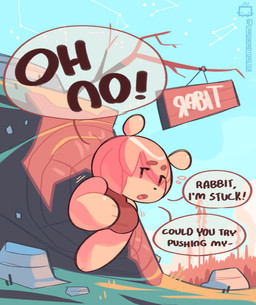 anthro blonde_hair branch breasts burrow clothing crossgender dialogue emanata female hair misspelling plushie rock sign sleeveless_clothing solo stuck text thick_arms through_wall yellow_body cardbordtoaster disney winnie_the_pooh_(franchise) pooh_bear animate_inanimate bear living_plushie mammal english_text hi_res