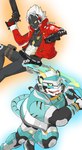 anthro armor blue_body blue_fur dual_wielding duo fur gun hair handgun holding_object holding_weapon machine male pistol ranged_weapon striped_body striped_fur stripes superhero weapon white_hair yellow_eyes kami_soubi lifewonders live_a_hero mihoyo zenless_zone_zero billy_kid rexer felid humanoid mammal pantherine robot tiger absurd_res hi_res