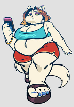 anthro belly blue_clothing blue_fingernails blue_nails blue_toenails blue_topwear bottomwear bracelet breasts choker cleavage clothed clothed_anthro clothed_female clothing colored_fingernails colored_nails colored_toenails ear_piercing eyebrows eyelashes eyeshadow feet female female_anthro fingernails fingers front_view fur green_sclera hair holding_object inner_ear_fluff jewelry makeup mouth_closed nails necklace overweight overweight_anthro overweight_female piercing pink_nose purple_eyeshadow red_bottomwear red_clothing red_shorts shorts simple_background sleeveless_clothing solo standing tail toenails toes topwear tuft white_body white_fur white_tail kardboardian margarine_(silverscarf) domestic_cat felid feline felis mammal 2025 digital_drawing_(artwork) digital_media_(artwork) full-length_portrait hi_res portrait