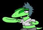 anthro blue_hair clothed clothing green_body hair long_snout male midriff simple_background snout solo toony transparent_background nrool cavemanon_studios goodbye_volcano_high snoot_game the_simpsons milhouse_(gvh) dinosaur prehistoric_species reptile scalie alpha_channel hi_res