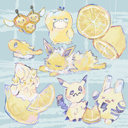 abstract_background ambiguous_gender antennae_(anatomy) anthro claws duo eating eyes_closed fake_eyes feral food fruit fur insect_wings lemon lying on_front open_mouth paws plant solo sour_face tail wings yellow_body yellow_eyes yellow_fur kako_xox nintendo pokemon alcremie aquatic arthropod combee eeveelution elekid fish food_creature generation_1_pokemon generation_2_pokemon generation_4_pokemon generation_7_pokemon generation_8_pokemon generation_9_pokemon humanoid insect jolteon lemon_cream_alcremie mimikyu pokemon_(species) psyduck star_sweet_alcremie tatsugiri tatsugiri_(stretchy_form) 1:1 2025 hi_res