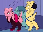 anthro blue_body blue_fur bulge butt clothing female footwear fur group high_heels humor jockstrap lapdance legwear male male/female male/male nipples pawpads pink_body pink_fur shoes stockings stripper trio underwear yellow_body yellow_fur noinipi cartoon_network mao_mao:_heroes_of_pure_heart the_simpsons benny_(mao_mao) ol'_blue penny_(mao_mao) hi_res