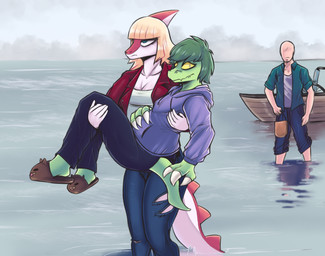 anthro bald blonde_hair blue_eyes boat bottomwear claws clothing denim denim_bottomwear denim_clothing detailed_background disability eyelashes female fingers footwear green_body green_hair green_scales grey_eyes group hair hoodie jacket jeans light-skinned_male light_body light_skin long_tail male multicolored_body multicolored_scales pants paraplegic pupils red_body red_scales scales shoes short_hair slippers slit_pupils snout spikes spikes_(anatomy) tail topwear torn_bottomwear torn_clothing torn_jeans torn_pants trio two_tone_body two_tone_scales vehicle water watercraft wheelchair white_body white_scales yellow_sclera deadassspider cavemanon_studios i_wani_hug_that_gator snoot_game anon_(snoot_game) mia_moretti olivia_halford baryonyx dinosaur hadrosaurid human mammal ornithischian ornithopod parasaurolophus prehistoric_species reptile scalie spinosaurid theropod 2022 digital_drawing_(artwork) digital_media_(artwork)