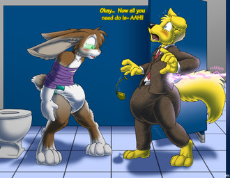 anthro barefoot bathroom belt biped blonde_hair blue_eyes blush bodily_fluids bottomwear bound brown_body brown_bottomwear brown_clothing brown_fur brown_hair brown_jacket brown_pants brown_suit brown_topwear clean_diaper clock clothed clothing dialogue diaper diaper_only diaper_under_clothing dropping_object duo feet fur green_eyes hair hypnosis hypnotic_eyes inside jacket laser laser_beam male mind_control motion_lines necktie open_mouth pants pantsless pendulum_swing pocketwatch public_restroom purple_rope red_necktie restroom_stall ringed_eyes rope shirt sound_effects standing suit surprised sweat sweatdrop teeth text toilet topless topwear watch wearing_diaper white_body white_clothing white_diaper white_fur white_shirt white_topwear yellow_body catmonkshiro ballythedog centzon bird_dog canid canine canis domestic_dog golden_retriever hunting_dog lagomorph leporid mammal rabbit retriever digital_media_(artwork) english_text hi_res