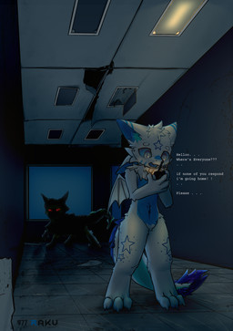 3_toes 4_ears 4_fingers abandoned_building ambiguous_gender anthro blue_body blue_eyes blue_fur blue_tongue broken_glass broken_lights cheek_tuft cute_fangs danger detailed_background duo electronics facial_tuft fangs feet feral fingers fur glass greeting head_tuft imminent_danger light looking_at_another male multi_ear navel night open_mouth radio red_eyes stalking tail teeth text toes tongue tuft white_body white_fur window wings raku_naga mythology nintendo pokemon healer_(straviios) hoshi_(straviios) dragon eeveelution furred_dragon furred_scalie generation_4_pokemon leafeon mythological_creature mythological_scalie pokemon_(species) scalie 2025 absurd_res english_text hi_res