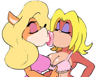 anthro big_breasts blonde_hair bra breasts cleavage clothed clothing curvy_figure duo eyes_closed female female/female hair huge_lips kissing lips side_boob under_boob underwear voluptuous voluptuous_anthro voluptuous_female landotherian activision crash_bandicoot_(series) donkey_kong_(series) nintendo candy_kong tawna_bandicoot bandicoot kong mammal marsupial primate hi_res
