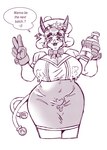 2_tails anthro beret bodily_fluids bottle bottomwear bow_ribbon breasts cleavage clothed clothing container cum cum_drip dripping genital_fluids gesture gloves gynomorph hand_gesture handwear hat headgear headwear heart_emoticon holding_bottle holding_container holding_object horn intersex lactating lactating_through_clothing looking_at_viewer milk milk_bottle milk_container multi_tail skirt smile solo speech_bubble tail talking_to_viewer text v_sign wet wet_clothing cammypuppy animal_humanoid bovid bovid_humanoid bovine bovine_humanoid cattle_humanoid humanoid mammal mammal_humanoid english_text hi_res