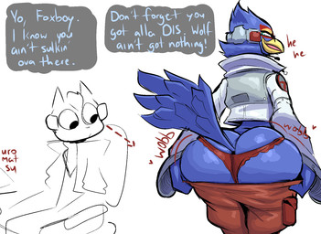 anthro big_butt bottom_heavy butt butt_cleavage clothed clothing clothing_pull dialogue duo femboy huge_butt jacket lingerie looking_at_another looking_at_butt male onomatopoeia panties smile smug sound_effects tail text thick_thighs topwear underwear vest wide_hips uromatsu nintendo star_fox falco_lombardi fox_mccloud avian bird canid canine falconid fox mammal 2025 english_text hi_res signature