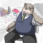 anthro belly blush bottomwear brown_body brown_fur clothing eyewear fur glasses kemono male necktie overweight overweight_anthro overweight_male pants shirt sitting solo topwear emufu canid canine canis domestic_dog mammal 1:1 2013