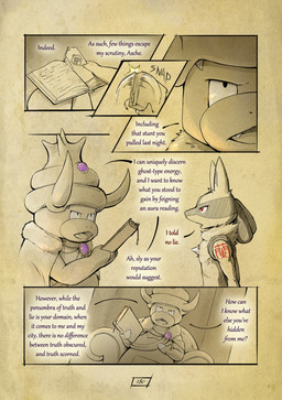 anthro arm_tattoo biped book chest_spike dialogue fingers fur hand_behind_back inside male open_mouth page_number red_eyes red_tattoo spikes spikes_(anatomy) tattoo text truescorn nintendo pokemon pokemon_mystery_dungeon spike_chunsoft asche_(truescorn) generation_2_pokemon generation_4_pokemon lucario pokemon_(species) slowking 2026 comic english_text hi_res