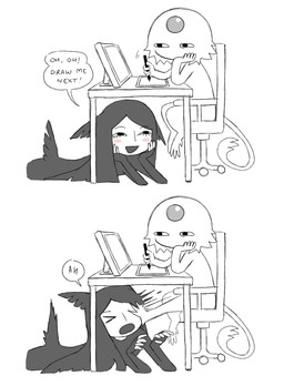 :d ambiguous_anthro ambiguous_gender anthro black_eyes blush blush_stickers chair dialogue drawing_tablet duo fingerless_(marking) forehead_gem furniture gem hand_on_cheek hand_on_own_cheek holding_object holding_pen kick male male_humanoid mouthless noseless office_chair on_chair open_mouth open_smile pen simple_background sitting sitting_on_chair sitting_on_office_chair smile speech_bubble table tail talking_to_another white_background jejejunum pest_(jejejunum) secret_(jejejunum) animal_humanoid fraid_(species) humanoid nethermare proto-nethermare spirit 2026 comic digital_drawing_(artwork) digital_media_(artwork) hi_res