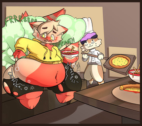 ambiguous_gender anthro belly belly_expansion belly_inflation big_belly big_butt bloated blush border bubbling butt duo expansion fart feederism feeding food food_fetish gas huge_belly inflation male male/male navel onomatopoeia orange_border overweight overweight_anthro pizza rumbling_stomach sound_effects stuffing text weight_gain worried worried_look phantomdgen fox_spirit lagomorph leporid mammal rabbit colored digital_drawing_(artwork) digital_media_(artwork)