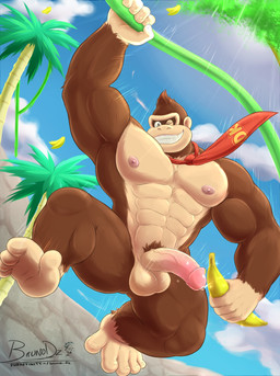 abs accessory anthro areola balls banana barazoku barefoot biceps big_muscles biped bodily_fluids circumcised erection feet food fruit fur genital_fluids genitals humanoid_genitalia humanoid_penis light looking_at_viewer looking_down male manly muscular muscular_anthro muscular_male navel necktie nipples nude one_eye_closed orgasm outside palm_tree pecs penis plant precum prehensile_feet pubes simple_background smile solo spread_legs spreading sun sunlight swinging teeth text text_on_necktie thick_thighs toes tree triceps vein veiny_penis vines wink bruno-dz donkey_kong_(series) nintendo donkey_kong_(character) ape gorilla haplorhine mammal primate english_text hi_res signature