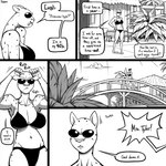 1:1 2021 anthro athletic athletic_female big_breasts bikini breasts bridge building cheetah cleavage clothed clothing comic day dialogue disgust ear_twitch english_text eyewear felid feline female grumpy hand_on_hip leopard lyla_(ehs) mammal monochrome offscreen_character outside pantherine slypon solo speech_bubble standing stated_age sunglasses swimwear text v-cut