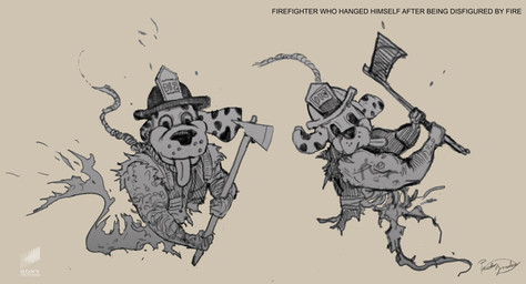 ambiguous_gender armor fire_axe firefighter_helmet headgear helmet not_furry simple_background solo text tongue tongue_out paolo_giandoso ghostbusters ghostbusters:_afterlife sony_corporation sony_pictures canid canine canis dalmatian domestic_dog ghost mammal monster spirit concept_art english_text hi_res official_art