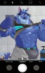 abs anthro barazoku biceps big_bulge biped blue_body blue_fur bottomwear bulge camera_hud camera_view cellphone chest_fur clothed clothing electronics eyebrows fur holding_cellphone holding_object holding_phone holding_smartphone jockstrap kemono male mirror_selfie muscular muscular_anthro muscular_male nipples open_bottomwear open_clothing open_pants pants pecs phone pose selfie shirt smartphone smile solo sparkles tank_top teeth text topwear underwear zen_crael lifewonders tokyo_afterschool_summoners tindalos_(tas) canid canine canis mammal wolf 2023 digital_media_(artwork) english_text hi_res pinup signature