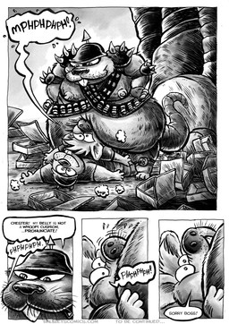 anthro armor belly belly_crush big_belly box container dialogue group headgear helmet lying male moobs nipples overweight overweight_male pizza_box sagging_belly text jwbalsley boss_rat chester_the_rat stinky_the_rat mammal murid murine rat rodent 2025 comic english_text hi_res monochrome