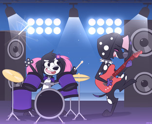 black_body black_fur black_nose concert drum duo ear_tuft electric_guitar female feral fur grey_nose guitar head_tuft holding_drumstick male multicolored_body multicolored_fur musical_instrument percussion_instrument pink_body pink_fur pink_inner_ear plucked_string_instrument purple_paws purple_spots red_guitar spots string_instrument tuft two_tone_body two_tone_fur white_body white_fur white_spots higglytownhero 101_dalmatian_street 101_dalmatians disney dante_(101_dalmatians) elvira_(cartooncross) fan_character canid canine canis dalmatian domestic_dog mammal mixed_breed