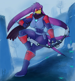 anthro armor beak big_breasts blue_bodysuit blue_boots blue_clothing blue_footwear blue_gloves blue_handwear blue_skinsuit bodysuit boots bow_(weapon) breasts clothed clothing eyelashes eyewear feathers female footwear front_view glasses gloves handwear holding_bow_(weapon) holding_object holding_ranged_weapon holding_weapon looking_at_viewer purple_body purple_feathers ranged_weapon red_eyewear red_glasses shoes skinsuit smile solo tail tail_feathers thick_thighs tight_clothing weapon wide_hips yellow_beak simpleesteban risk_of_rain sega sonic_riders sonic_the_hedgehog_(series) wave_the_swallow avian bird hirundinid oscine passerine swallow_(bird) hi_res