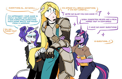 anthro anthrofied armor blonde_hair blue_eyes blue_eyeshadow clothing color_coded color_coded_speech_bubble color_coded_text dialogue ellipsis eyeshadow facial_scar female fingers group hair horn location_in_dialogue long_hair makeup purple_eyes purple_hair questioning_ellipsis questioning_tone scar speech_bubble stuttering text thanking trio redxbacon friendship_is_magic hasbro my_little_pony mythology candid_(redxbacon) rarity_(mlp) twilight_sparkle_(mlp) equid equine horse mammal mythological_creature mythological_equine unicorn 2022 digital_media_(artwork) english_text hi_res female_(lore)