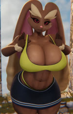 abs anthro big_breasts blinking bottomwear bouncing_breasts bra breasts brown_body brown_fur cleavage cleavage_overflow clothed clothing female fur huge_breasts long_ears looking_at_viewer skirt sky solo sports_bra strap_pull thong underwear wide_hips magmadough nintendo pokemon generation_4_pokemon lopunny pokemon_(species) 3d_(artwork) 3d_animation animated digital_media_(artwork) no_sound short_playtime webm