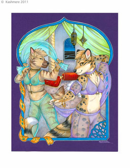 anthro breasts clothed clothing duo female genitals harem harem_outfit jewelry looking_at_viewer nipples skimpy tail translucent translucent_clothing vulva kashmere lymril nisaba aardwolf hyena linsang mammal viverrid 2011