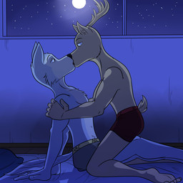 anthro boxers_(clothing) clothed clothing duo feet french_kissing humanoid_feet kissing kneeling male male/male moon night plantigrade romantic romantic_ambiance straddling topless underwear fuze beastars legoshi_(beastars) louis_(beastars) canid canine canis cervine deer mammal red_deer wolf 1:1 hi_res