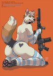 anthro clothing gun legwear male ranged_weapon rifle rifle_barrel rifle_scope rifle_sling rifles solo stockings text weapon jeanwoof canid canine fox mammal english_text hi_res url