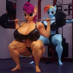 anthro anthrofied barbell big_breasts breasts cleavage clothed clothing crouching duo exercise female huge_breasts muscular muscular_female weightlifting workout dashie116 friendship_is_magic hasbro my_little_pony rainbow_dash_(mlp) scootaloo_(mlp) equid equine mammal 1:1 3d_(artwork) absurd_res digital_media_(artwork) hi_res