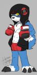 1:2 3_toes abs accessory ace_the_gaomon anthro anthrofied arm_wraps athletic athletic_anthro athletic_male bandai_namco biped blue_body blue_fur boxer_briefs boxing_gloves bulge canid canine cel_shading clothed clothing digimon digimon_(species) digimorph digital_media_(artwork) feet front_view fur gaomon hand_in_pocket hand_wraps handwear headband heibanhikaru hi_res hoodie jewelry looking_at_viewer male mammal open_clothing open_hoodie open_topwear pendant pockets shaded signature solo standing tight_clothing toes topwear underwear wraps yellow_eyes