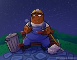 anthro armor brown_body clothing eating food hard_hat headgear helmet humanoid_hands male night outside overalls overweight overweight_male shirt sitting solo star topwear marimosgoldfish animal_crossing nintendo mr._resetti eulipotyphlan mammal mole_(animal) 2023 hi_res