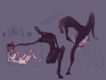 5_fingers 5_toes big_hands blush bodily_fluids bottomless brown_body claws clothed clothing controller cum cum_drip cum_inside cum_splatter dominant dominant_male dripping duo excessive_cum excessive_genital_fluids eyelashes featureless_face feet female female_human female_on_humanoid finger_claws fingers forced framed_picture furniture genital_fluids hair hand_on_butt head_on_hand larger_humanoid larger_male lifting_another light long_hair male male/female male_humanoid messy_hair monotone_background motion_lines one_leg_up oversized_clothing oversized_shirt oversized_topwear photo pink_hair raised_leg rape red_body remote_control sex shirt shirt_only simple_background size_difference slim smaller_female smaller_human sofa sofa_sex soles teratophilia toes topwear topwear_only white_body white_clothing white_shirt white_skin white_topwear skinnedteeth human humanoid mammal monster sleep_paralysis_demon colored hi_res lighting shaded signature