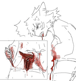 anthro bisected blood blood_from_mouth blood_from_wound blood_in_mouth bodily_fluids clothed clothing fully_clothed genital_bisection genital_mutilation genital_torture gore gutspill hair knife male mutilation pain solo stab_wound suicide wounded gorebunny hi_res