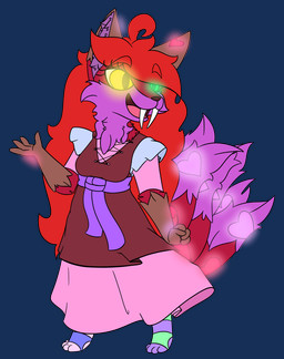 ahoge anthro blue_clothing breasts brown_body brown_ears brown_fur clothed clothing eyelashes fangs fur glowing glowing_body glowing_eyes glowing_fur glowing_markings green_clothing green_eyes hair heart_(marking) heterochromia markings multicolored_body multicolored_ears multicolored_fur pink_body pink_clothing pink_ears pink_fur pink_tail purple_body purple_clothing purple_fur purple_inner_ear purple_tail red_body red_fur red_hair sabertooth_(anatomy) smile solo tail teeth topwear two_tone_body two_tone_ears two_tone_fur two_tone_tail yellow_eyes robynsnowyfoxxo robyn_(robynsnowyfoxxo) canid canine felid fox hybrid mammal prehistoric_species saber-toothed_tiger 2020 alpha_channel hi_res demigirl_(lore) nonbinary_(lore) trans_(lore) trans_woman_(lore)