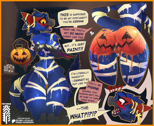ankh anthro big_breasts blue_body blue_fur blush bodypaint border breasts covering covering_breasts dialogue ear_piercing embarrassing_exposure featureless_crotch female fur genitals holidays huge_thighs jack-o'-lantern mummy_costume mummy_wrappings offscreen_character orange_border piercing pumpkin_butt raised_tail sharp_teeth small_waist solo speech_bubble tail teeth text thick_thighs trick-or-treating vulva wide_hips yellow_eyes pentarch capcom european_mythology halloween monster_hunter mythology dragon flying_wyvern mammal mythological_creature mythological_scalie nargacuga scalie western_dragon wyvern english_text hi_res