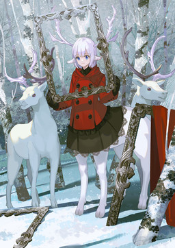 animal_ears antlers black_clothing black_gloves black_handwear blue_eyes bottomwear clothed clothed_taur clothing female feral gloves group hair handwear hooves horn jacket light_body light_skin outside plant quadruped red_clothing red_jacket red_topwear skirt snow topwear tree trio white_body white_hair noki_henyo deer deer_taur humanoid_taur mammal mammal_taur taur