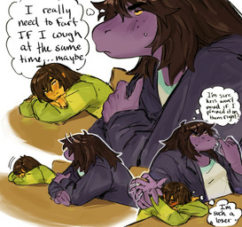 ambiguous_gender ambiguous_human anthro blush brown_hair cartoon_freckles clothing duo female freckled_face freckles green_clothing green_shirt green_topwear hair motion_lines purple_body purple_skin shirt sitting text thought_bubble topwear white_clothing white_shirt white_topwear yellow_body yellow_skin colicolicolicoli deltarune undertale_(series) kris_dreemurr susie_(deltarune) human mammal 2025 english_text hi_res nonbinary_(lore)
