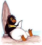 3_toes anthro beak beverage biped black_body brown_eyes claws coconut drinking_straw drupe_(fruit) feet food fruit half-closed_eyes male narrowed_eyes nude open_mouth orange_body orange_skin outside plant reclining sand simple_background solo surfboard text toes tongue vehicle water watercraft white_background white_body zeriara surf's_up zeke_topanga avian bird emperor_penguin penguin url