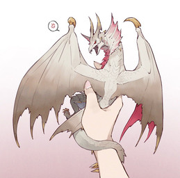 ambiguous_gender carrying_another claws cross-popping_vein duo feral gradient_background holding_another horn looking_at_viewer membrane_(anatomy) membranous_wings mostly_offscreen_character mostly_offscreen_human open_mouth pink_background red_eyes scales simple_background solo_focus tail toe_claws white_background white_body white_scales wings yellow_claws taneimo_drop capcom monster_hunter elder_dragon human malzeno mammal scalie 2022